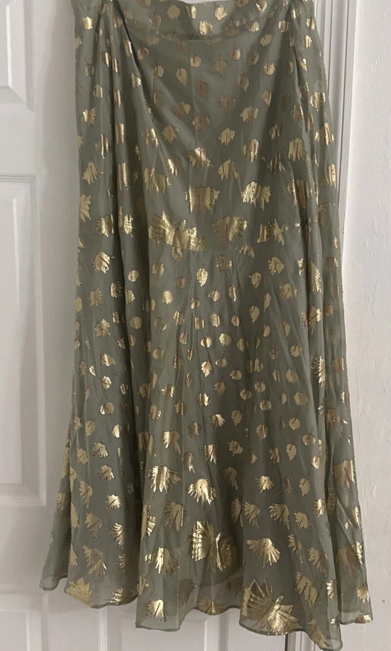 Temperley London Silk Metallic Fil Coupe A-Line Midi Skirt Sage Green Gold Sz 18